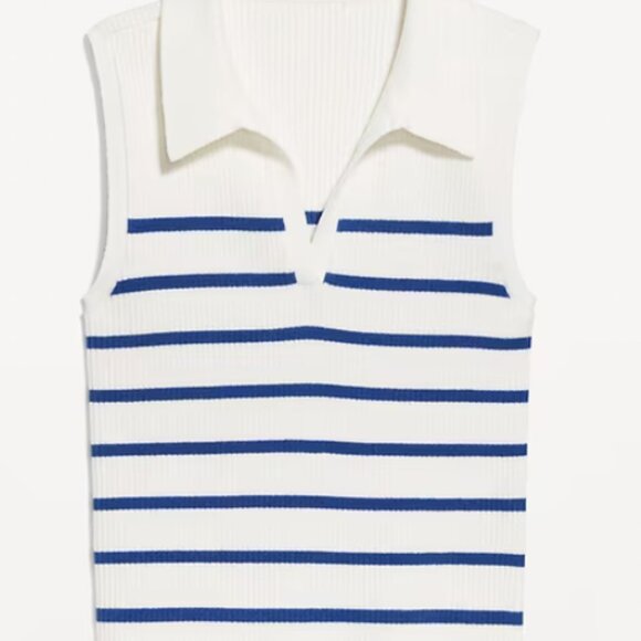 Nautical Rib-Knit Crop Blue/White Plus Size Polo Sweater 3X - Picture 4 of 4